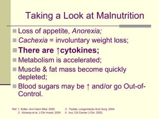 Taking a Look at MalnutritionLoss of appetite, Anorexia;Cachexia = involuntary weight loss;There are ↑cytokines;Metabolism is accelerated;Muscle & fat mass become quickly depleted;Blood sugars may be ↑ and/or go Out-of-Control.Ref: 1. Kotler, Ann Intern Med. 2000.	       3.  Tisdale, Langenbecks Arch Surg. 2004        2.  Acharya et al. J Clin Invest. 2004      4.  Inui, CA Cancer J Clin. 2002.
