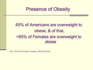 Presence of Obesity65% of Americans are overweight to obese, & of that, >65% of Females are overweight to obeseRef.  “Know Your Numbers” campaign., 2003 Florida Keys.