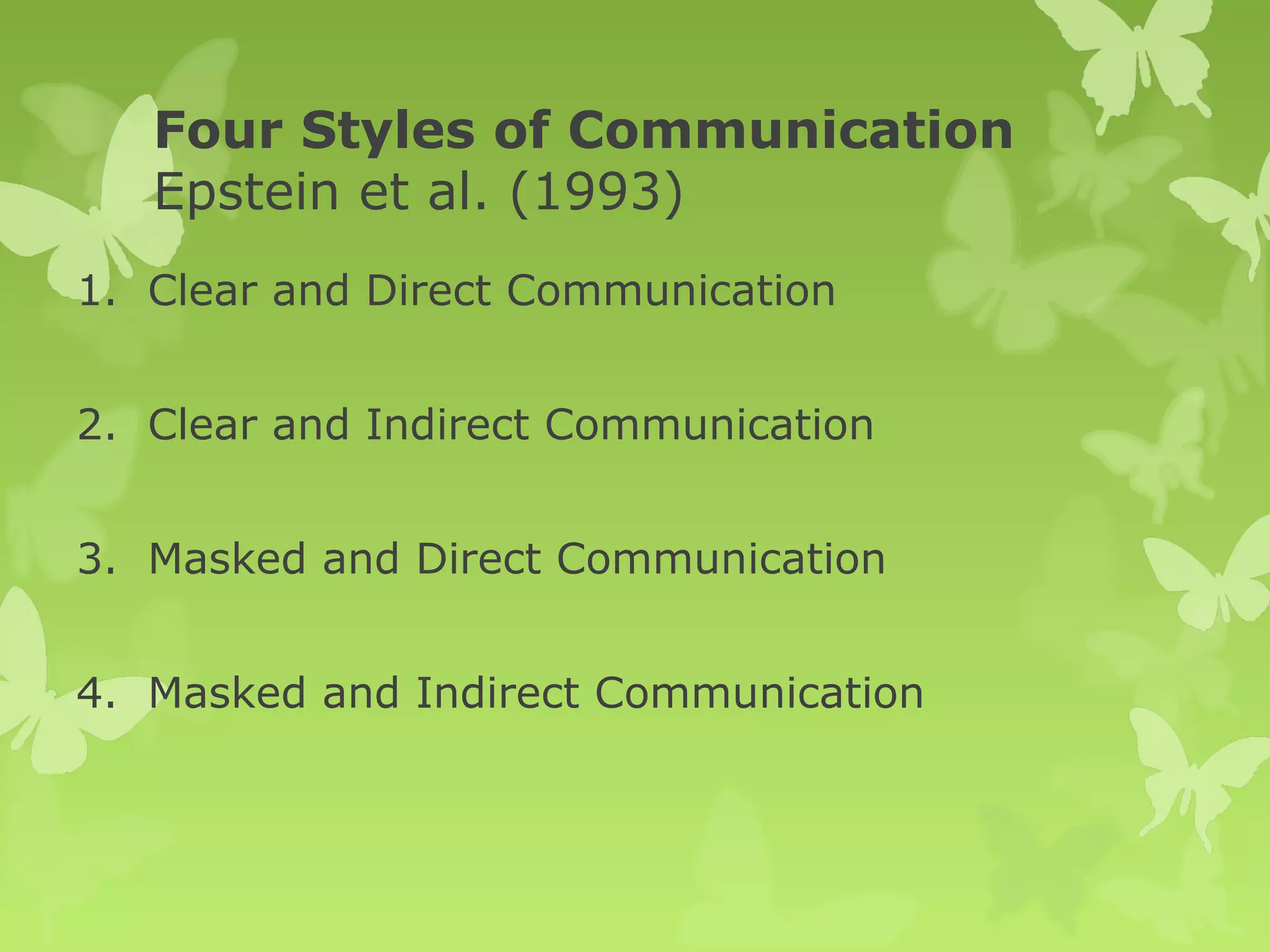 Four Styles of Communication
Epstein et al. (1993)
1. Clear and Direct Communication
2. Clear and Indirect Communication
3. Masked and Direct Communication
4. Masked and Indirect Communication
 