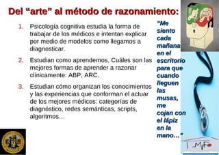 Del “arte” al método de razonamiento:Del “arte” al método de razonamiento:
1. Psicología cognitiva estudia la forma de
trabajar de los médicos e intentan explicar
por medio de modelos como llegamos a
diagnosticar.
2. Estudian como aprendemos. Cuáles son las
mejores formas de aprender a razonar
clínicamente: ABP, ARC.
3. Estudian cómo organizan los conocimientos
y las experiencias que conforman el actuar
de los mejores médicos: categorías de
diagnóstico, redes semánticas, scripts,
algoritmos…
““MeMe
sientosiento
cadacada
mañanamañana
en elen el
escritorioescritorio
para quepara que
cuandocuando
lleguenlleguen
laslas
musas,musas,
meme
cojan concojan con
el lápizel lápiz
en laen la
mano…”mano…”
 
