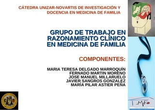 GRUPO DE TRABAJO ENGRUPO DE TRABAJO EN
RAZONAMIENTO CLÍNICORAZONAMIENTO CLÍNICO
EN MEDICINA DE FAMILIAEN MEDICINA DE FAMILIA
COMPONENTES:
MARIA TERESA DELGADO MARROQUÍN
FERNADO MARTIN MORENO
JOSE MANUEL MILLARUELO
JAVIER SANGROS GONZALEZ
MARÍA PILAR ASTIER PEÑA
CÁTEDRA UNIZAR-NOVARTIS DE INVESTIGACIÓN Y
DOCENCIA EN MEDICINA DE FAMILIA
 