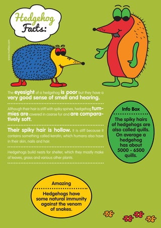Hedgehog
                   Facts:
www.motlies.com




 Theeyesight of a hedgehog is poor but they have a
 very good sense of smell and hearing.

 Although their hair is stiff with spiky spines, hedgehog tum-        Info Box
 mies are covered in coarse fur and are compara-
 tively soft.                                                     The spiky hairs
                                                                 of hedgehogs are
 Their spiky hair is hollow. It is stiff because it              also called quills.
 contains something called keratin, which humans also have         On average a
 in their skin, nails and hair.                                      hedgehog
                                                                     has about
 Hedgehogs build nests for shelter, which they mostly make          5000 - 6500
 of leaves, grass and various other plants.                            quills.




                             Amazing

                         Hedgehogs have
                      some natural immunity
                        against the venom
                            of snakes.
 