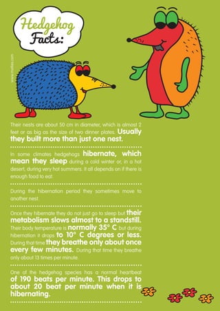 Hedgehog
                   Facts:
www.motlies.com




 Their nests are about 50 cm in diameter, which is almost 2
 feet or as big as the size of two dinner plates. Usually
 they built more than just one nest.

 In some climates hedgehogs hibernate, which
 mean they sleep during a cold winter or, in a hot
 desert, during very hot summers. It all depends on if there is
 enough food to eat.

  During the hibernation period they sometimes move to
 ­another nest.

                                              their
 Once they hibernate they do not just go to sleep but
 metabolism slows almost to a standstill.
 Their body temperature is normally 35° C but ­during
 hibernation it drops to 10° C degrees or less.
 ­During that time they breathe only about once
 every few minutes. During that time they breathe
 only about 13 times per minute.

 One of the hedgehog species has a normal heartbeat­
  of 190 beats per minute. This drops to
  about 20 beat per minute when it is
 ­hibernating.
 