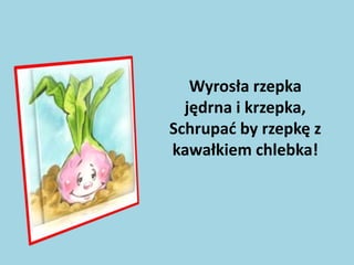 Wyrosła rzepka
jędrna i krzepka,
Schrupad by rzepkę z
kawałkiem chlebka!

 