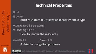 @azaroth42
PresentationAPI
Walkthrough
Technical Properties
@id
@type
Most resources must have an identifier and a type
vi...