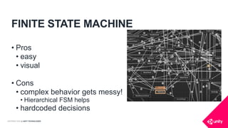COPYRIGHT 2016 @ UNITY TECHNOLOGIES
FINITE STATE MACHINE
• Pros
• easy
• visual
• Cons
• complex behavior gets messy!
• Hierarchical FSM helps
• hardcoded decisions
 