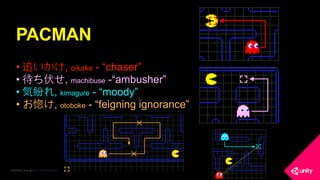 COPYRIGHT 2016 @ UNITY TECHNOLOGIES
• 追いかけ, oikake - “chaser”
• 待ち伏せ, machibuse -“ambusher”
• 気紛れ, kimagure - “moody”
• お惚け, otoboke - “feigning ignorance”
PACMAN
 