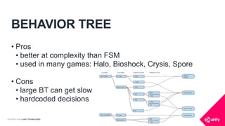 COPYRIGHT 2016 @ UNITY TECHNOLOGIES
BEHAVIOR TREE
• Pros
• better at complexity than FSM
• used in many games: Halo, Bioshock, Crysis, Spore
• Cons
• large BT can get slow
• hardcoded decisions
 