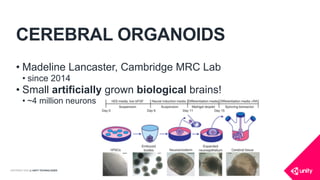 COPYRIGHT 2016 @ UNITY TECHNOLOGIES
CEREBRAL ORGANOIDS
• Madeline Lancaster, Cambridge MRC Lab
• since 2014
• Small artificially grown biological brains!
• ~4 million neurons
 