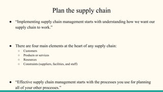 Plan the supply chain
● “Implementing supply chain management starts with understanding how we want our
supply chain to work.”
● There are four main elements at the heart of any supply chain:
○ Customers
○ Products or services
○ Resources
○ Constraints (suppliers, facilities, and staff)
● “Effective supply chain management starts with the processes you use for planning
all of your other processes.”
 