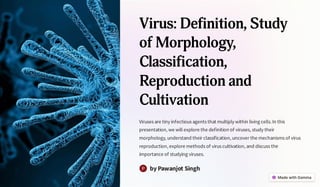 Virus: Definition, Study
of Morphology,
Classification,
Reproduction and
Cultivation
Viruses are tiny infectious agents that multiply within living cells.In this
presentation, we will explore the definition of viruses, study their
morphology, understand their classification, uncover the mechanisms of virus
reproduction, explore methods of virus cultivation, and discuss the
importance of studying viruses.
by Pawanjot Singh
P
 