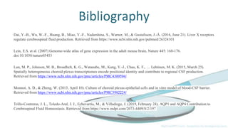 Bibliography
Dai, Y.-B., Wu, W.-F., Huang, B., Miao, Y.-F., Nadarshina, S., Warner, M., & Gustafsson, J.-Å. (2016, June 21). Liver X receptors
regulate cerebrospinal fluid production. Retrieved from https://www.ncbi.nlm.nih.gov/pubmed/26324101
Lein, E.S. et al. (2007) Genome-wide atlas of gene expression in the adult mouse brain, Nature 445: 168-176.
doi:10.1038/nature05453
Lun, M. P., Johnson, M. B., Broadbelt, K. G., Watanabe, M., Kang, Y.-J., Chau, K. F., … Lehtinen, M. K. (2015, March 25).
Spatially heterogeneous choroid plexus transcriptomes encode positional identity and contribute to regional CSF production.
Retrieved from https://www.ncbi.nlm.nih.gov/pmc/articles/PMC4389594/
Monnot, A. D., & Zheng, W. (2013, April 10). Culture of choroid plexus epithelial cells and in vitro model of blood-CSF barrier.
Retrieved from https://www.ncbi.nlm.nih.gov/pmc/articles/PMC3982224/
Trillo-Contreras, J. L., Toledo-Aral, J. J., Echevarría, M., & Villadiego, J. (2019, February 24). AQP1 and AQP4 Contribution to
Cerebrospinal Fluid Homeostasis. Retrieved from https://www.mdpi.com/2073-4409/8/2/197
 