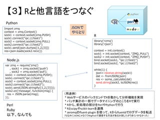 【３】 Rと他言語をつなぐ
library(‘rzmq’)
library(‘rjson’)
context = init.context()
sock1 = init.socket(context, “ZMQ_PULL”)
sock2 = init.socket(context, “ZMQ_PUSH”)
bind.socket(sock1, “ipc:///test1”)
bind.socket(sock2, “ipc:///test2”)
while(1) {
json<-receive.string(sock1)
dat <- fromJSON(json)
res <- some_calculate(dat)
send.string(sock2, toJSON(res))
}
R
Python
import zmq
import json
context = zmq.Context()
sock1 = context.socket(zmq.PUSH)
sock1.connect(“ipc:///test1”)
sock2 = context.socket(zmq.PULL)
sock2.connect(“ipc:///test2”)
sock1.send(json.dumps([1,2,[3]])
res=json.loads(sock2.recv())
JSONで
やりとり
（用途例）
* WebサービスのバックエンドでRを動かして分析機能を実現
* バッチ集計の一部でデータマイニングのところをRで実行
* Rから、前処理の部分をPerlやPythonで行う
* Rとscipyやscikit-learnを連携
* zeromqのfluent-plugin を使って、Rからfluentdでログデータを転送
（ちなみにJSONじゃなくてMsgPackで通信する方法があるか試したがうまくいかなかった）
var zmq = require(‘zmq’)
, sock1 = zmq.socket(‘push’)
, sock2 = zmq.socket(‘pull’);
sock1 = context.socket(zmq.PUSH);
sock1.connect(“ipc:///test1”);
sock2 = context.socket(zmq.PULL);
sock2.connect(“ipc:///test2”);
sock1.send(JSON.stringify([1,2,[3]]));
sock2.on(‘message’, function(msg) {
res = JSON.parse(msg);
});
Node.js
Perl
Ruby
以下、なんでも
 