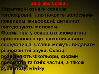 Звірі або Ссавці

Характерні ознаки ссавців:
теплокровні, тіло покрите волосяним
покривом, живородні, дитинчат
вигодовують молоком.
Форма тіла у ссавців різноманітна і
пристосована до навколишнього
середовища. Ссавці можуть видавати
різноманітні звуки. Ссавці
розрізняють Фкольори, форми
предметів та їхніх частин, а також
рухи, позу, міміку.

 