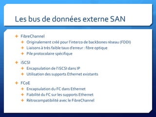 Les bus de données externe SANFibreChannelOriginalement créé pour l’interco de backbones réseau (FDDI)Liaisons à très faible taux d’erreur : fibre optiquePile protocolaire spécifiqueiSCSIEncapsulation de l’iSCSI dans IPUtilisation des supports Ethernet existantsFCoEEncapsulation du FC dans EthernetFiabilité du FC sur les supports EthernetRétrocompatibilité avec le FibreChannel
