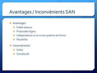 Avantages / Inconvénients SANAvantagesFaible latenceProtocoles légersIndépendance vis-à-vis du système de fichierFlexibilitéInconvénientsCoûtsComplexité