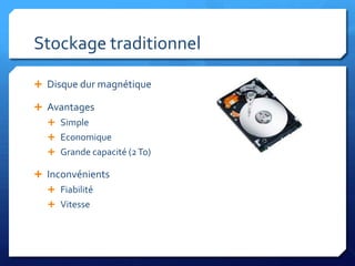 Stockage traditionnelDisque dur magnétiqueAvantagesSimpleEconomiqueGrande capacité (2 To)InconvénientsFiabilitéVitesse