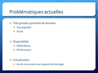 Problématiques actuellesTrès grandes quantités de donnéesSauvegardesAccèsDisponibilitéRedondancePerformanceVirtualisationAccès concurrents au support de stockage