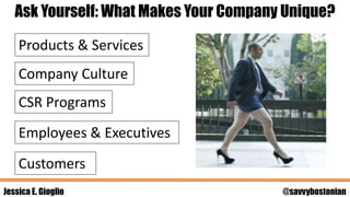 Jessica E. Gioglio @savvybostonian
Ask Yourself: What Makes Your Company Unique?
Products & Services
Company Culture
Emplo...