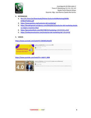Investigación de Mercados II
Tema: El Marketing 1.0; 2.0; 3.0; 4.0
Nayde Paula Zequita Zelaya
Docente: Mgr. José Ramiro Zapata Barrientos
“LIBEREMOS BOLIVIA” 6
4. REFERENCIAS
1. file:///C:/Users/pc/Downloads/Dialnet-EvolucionDelMarketing10Al40-
6748137%20(1).pdf
2. https://www.gestion.org/evolucion-del-marketing/
3. https://breakingmark.wordpress.com/2019/03/12/evolucion-del-marketing-desde-
su-origen-a-nuestros-dias/
4. https://gonzalocollarte.com/2017/08/15/marketing-1-0-2-0-3-0-y-4-0/
5. https://smilecomunicacion.com/evolucion-del-marketing-del-1-0-al-4-0/
5. VIDEOS
https://www.youtube.com/watch?v=2dGWGo4IwOA
https://www.youtube.com/watch?v=-tkdLYI_XRM
 