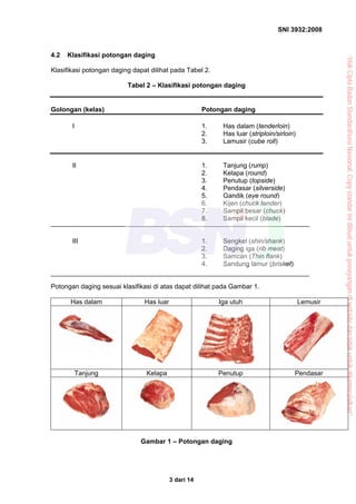 SNI 3932:2008
3 dari 14
4.2 Klasifikasi potongan daging
Klasifikasi potongan daging dapat dilihat pada Tabel 2.
Tabel 2 – Klasifikasi potongan daging
Golongan (kelas) Potongan daging
I 1. Has dalam (tenderloin)
2. Has luar (striploin/sirloin)
3. Lamusir (cube roll)
II 1. Tanjung (rump)
2. Kelapa (round)
3. Penutup (topside)
4. Pendasar (silverside)
5. Gandik (eye round)
6. Kijen (chuck tender)
7. Sampil besar (chuck)
8. Sampil kecil (blade)
III 1. Sengkel (shin/shank)
2. Daging iga (rib meat)
3. Samcan (Thin flank)
4. Sandung lamur (brisket)
Potongan daging sesuai klasifikasi di atas dapat dilihat pada Gambar 1.
Has dalam Has luar Iga utuh Lemusir
Tanjung Kelapa Penutup Pendasar
Gambar 1 – Potongan daging
“HakCiptaBadanStandardisasiNasional,Copystandarinidibuatuntukpenayangandiwebsitedantidakuntukdikomersialkan”
 