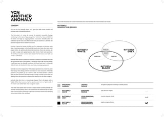 yCn
Another
AnoMAly                                                                                This model illustrates the united relationship that exists between the three Butterfly sub-brands.


ConCept                                                                                Butterfly
                                                                                       GrADient SuB-BrAnDS
Our aim for the Butterfly brand is to grow the table tennis market and
increase sales of Butterfly products.


The first step is to create an interest in potential consumers through
introducing to the joys of ping pong. Once interest has been established,
the brand can begin to engage potential consumers. Butterfly takes the
individual by the hand, and offers more than just products, it provides the
personal support that is needed to succeed.


In order to grow the market, we feel that it is important to welcome every
type of ping pong player to the Butterfly brand, even those who have never
played before. By splitting the Butterfly brand into three sub-sections, we                                                Butterfly                                      trAnSition
                                                                                                                                                                                                                 Butterfly
are able to target each group based on their levels of skill and experience.                                               White                                            pASSion
                                                                                                                                                                                                                         Grey
We feel that it is easier to relate with a brand if we feel it is in touch with our
needs as individuals.                                                                                                                                     ConneCtion                        trAnSition


Butterfly White serves to initiate an interest in potential consumers who may
go onto become part of the market. If and when they do go into the market,
it will have been the Butterfly brand that led them there, and it is Butterfly
that will be in the forefront of their mind when choosing equipment.
                                                                                                                                                                       Butterfly
Butterfly Grey is the category that White players graduate into, it is at this point                                                                                    BlACK
that they go from being potential consumers to real consumers of Butterfly
products. Grey players go on to interact with the brand further, in which
they are given personal coaching through a range of media so that they can
develop their own potential as players and develop into the Black category.


Butterfly Black, like Grey, is a consuming category. This is the player who is
highly skilled, they consume top line products and serve as figureheads of
the brand under which both other categories aspire.
                                                                                               pinG ponG                          unitinG                              All types of player are united by a shared passion.
                                                                                               pASSion                            people
This three-way system aims to create a larger market in which Butterfly can
increase its brand share. Each of the subsections are influenced by the other,
they all serve within a hierarchy to generate consumer interest and spending
                                                                                               Butterfly                          enGAGinG                             play, discover, inspire.
                                                                                               White                              people
at each level. White, Grey and Black.

                                                                                               Butterfly                          your perSonAl                        nurture, improve, friend.
                                                                                               Grey                               CoACh


                                                                                               Butterfly                          profeSSionAl                         aspire, compete, devote.
                                                                                               BlACK                              perforMAnCe
 