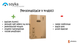 Personalizace v krabici
+ -
• nelze rozšiřovat
• black box
• příliš obecné
• balíček funkcí
• levnější než řešení na míru
• jednoduché koupit
• snadno nainstalovat
• rychlé používání
 