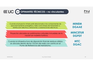 Ing. Heiner Amado
08/09/2022 30
Cuando el proyecto minero esté relacionado a los componentes de
aprovisionamiento energético, tales como líneas de transmisión o
distribución eléctrica, estaciones y subestaciones eléctricas.
Proyectos ubicados en patrimonios culturales inmuebles de la
nación en materia turística.
Cuando la infraestructura de disposición final de residuos sólidos
se ubicada dentro de los 13.0 km de radio con centro en el
Punto de Referencia del Aeródromo.
MINEM
DGAAE
MINCETUR
DGPDT
MTC
DGAC
OPINANTES TÉCNICOS – no vinculantes
S3
 