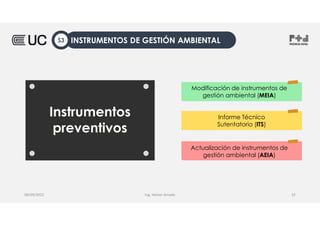 Ing. Heiner Amado
08/09/2022 32
Instrumentos
preventivos
Modificación de instrumentos de
gestión ambiental (MEIA)
Informe Técnico
Sutentatorio (ITS)
Actualización de instrumentos de
gestión ambiental (AEIA)
INSTRUMENTOS DE GESTIÓN AMBIENTAL
S3
 