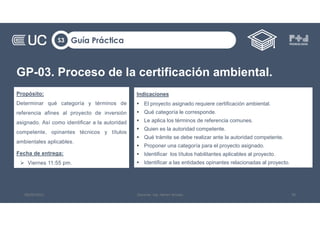 GP-03. Proceso de la certificación ambiental.
Guía Práctica
S3
08/09/2022 Docente: Ing. Heiner Amado 38
Propósito:
Determinar qué categoría y términos de
referencia afines al proyecto de inversión
asignado. Así como identificar a la autoridad
competente, opinantes técnicos y títulos
ambientales aplicables.
Fecha de entrega:
 Viernes 11:55 pm.
Indicaciones
 El proyecto asignado requiere certificación ambiental.
 Qué categoría le corresponde.
 Le aplica los términos de referencia comunes.
 Quien es la autoridad competente.
 Qué trámite se debe realizar ante la autoridad competente.
 Proponer una categoría para el proyecto asignado.
 Identificar los títulos habilitantes aplicables al proyecto.
 Identificar a las entidades opinantes relacionadas al proyecto.
 