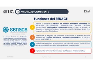Revisar y aprobar los Estudios de Impacto Ambiental Detallados, las
respectivas actualizaciones, modificaciones, informes técnicos
sustentatorios, solicitudes de clasificación y aprobación de Término de
Referencia, acompañamiento en la elaboración de Línea Base, Plan
de participación Ciudadana.
Funciones del SENACE
Administrar el Registro de Entidades Autorizadas a elaborar Estudios
Ambientales. (Registro Nacional de Consultoras Ambientales DS N° 026-2021-
MINAM del 27-08-2021)
2
Administrar el Registro Administrativo de carácter público y actualizado
de certificaciones ambientales concedidas o denegadas.
3
1
Implementar la Ventanilla Única de Certificación Ambiental (EVA)
4
Ing. Heiner Amado
08/09/2022 6
AUTORIDAD COMPETENTE
S3
El Servicio Nacional de Certificación
Ambiental para las Inversiones Sostenibles –
Senace, se crea mediante Ley N° 29968, en
diciembre de 2012. El Senace es el ente
encargado de revisar y aprobar los Estudios
de Impacto Ambiental detallados (EIA-d)
regulados en la Ley 27446. A partir del 28 de
diciembre de 2015 asumió sus funciones.
 