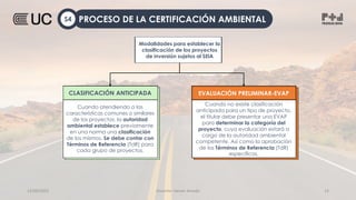 12/09/2022 Docente: Heiner Amado 12
Cuando atendiendo a las
características comunes o similares
de los proyectos, la autoridad
ambiental establece previamente
en una norma una clasificación
de los mismos. Se debe contar con
Términos de Referencia (TdR) para
cada grupo de proyectos.
Modalidades para establecer la
clasificación de los proyectos
de inversión sujetos al SEIA
CLASIFICACIÓN ANTICIPADA
Cuando no existe clasificación
anticipada para un tipo de proyecto,
el titular debe presentar una EVAP
para determinar la categoría del
proyecto, cuya evaluación estará a
cargo de la autoridad ambiental
competente. Así como la aprobación
de los Términos de Referencia (TdR)
específicos.
EVALUACIÓN PRELIMINAR-EVAP
PROCESO DE LA CERTIFICACIÓN AMBIENTAL
S4
 