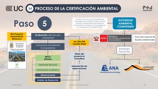 12/09/2022 Docente: Heiner Amado 25
5
Paso
MVCS
(DGAA)
Evaluación del estudio
ambiental
Subsanación de
observaciones
Opiniones técnicas
Autoridad Ambiental
Competente
DIA Proyecto
Saneamiento
Ninacaca
Participación ciudadana
Observaciones
Titular del
proyecto &
Consultora
Lev Obs DIA
(versión final)
Emisión de Resolución
AUTORIDAD
AMBIENTAL
COMPETENTE
El MVCS aun no le ha transferido las
competencias al SENACE para evaluar
estudios ambientales del subsector
saneamiento, tampoco le ha delegado
la competencia al GORE-Pasco.
Entidades
Opinantes
PROCESO DE LA CERTIFICACIÓN AMBIENTAL
S4
 