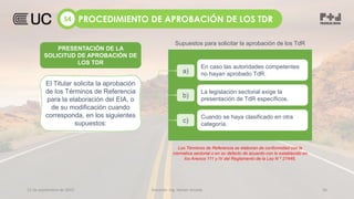 12 de septiembre de 2022 Docente: Ing. Heiner Amado 36
a)
En caso las autoridades competentes
no hayan aprobado TdR.
b)
La legislación sectorial exige la
presentación de TdR específicos.
c)
Cuando se haya clasificado en otra
categoría.
Los Términos de Referencia se elaboran de conformidad con la
normativa sectorial o en su defecto de acuerdo con lo establecido en
los Anexos 111 y IV del Reglamento de la Ley N º 27446,
PRESENTACIÓN DE LA
SOLICITUD
El Titular solicita la aprobación
de los Términos de Referencia
para la elaboración del EIA, o
de su modificación cuando
corresponda, en los siguientes
supuestos:
PROCEDIMIENTO DE APROBACIÓN DE LOS TDR
S4
Supuestos para solicitar la aprobación de los TdR
PRESENTACIÓN DE LA
SOLICITUD DE APROBACIÓN DE
LOS TDR
 