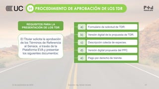 12 de septiembre de 2022 Docente: Ing. Heiner Amado 37
a) Formulario de solicitud de TDR.
b) Versión digital de la propuesta de TDR.
c) Descripción colecta de especies.
d) Versión digital propuesta del PPC.
e) Pago por derecho de trámite.
El Titular solicita la aprobación
de los Términos de Referencia
al Senace, a través de la
Plataforma EVA y presentar
los siguientes documentos:
REQUISITOS PARA LA
PRESENTACIÓN DE LOS TDR
PROCEDIMIENTO DE APROBACIÓN DE LOS TDR
S4
REQUISITOS PARA LA
PRESENTACIÓN DE LOS TDR
 