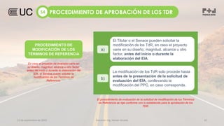 12 de septiembre de 2022 Docente: Ing. Heiner Amado 42
a)
El Titular o el Senace pueden solicitar la
modificación de los TdR, en caso el proyecto
varíe en su diseño, magnitud, alcance u otro
factor, antes del inicio o durante la
elaboración del EIA.
b)
La modificación de los TdR solo procede hasta
antes de la presentación de la solicitud de
evaluación del EIA, conllevando la
modificación del PPC, en caso corresponda.
PROCEDIMIENTO DE
MODIFICACIÓN DE LOS
TÉRMINOS DE REFERENCIA
PROCEDIMIENTO DE APROBACIÓN DE LOS TDR
S4
En caso el proyecto de inversión varíe en
su diseño, magnitud, alcance u otro factor,
antes del inicio o durante la elaboración del
EIA, el Senace puede solicitar la
modificación de los Términos de
Referencia.
El procedimiento de evaluación de la solicitud de modificación de los Términos
de Referencia se rige conforme con lo establecido para la aprobación de los
TDR.
 