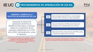 12 de septiembre de 2022 Docente: Ing. Heiner Amado 44
PROCEDIMIENTOS DE APROBACIÓN DE LOS EIA
S4
a)
Que el contenido del EIA es concordante
con los TdR y demás normas aplicables.
b)
Que el contenido del Resumen Ejecutivo
cumple con lo establecido en la norma.
c)
Ejecución de los mecanismos del PPC antes
y durante la elaboración del EIA.
Si la solicitud no cumple con lo señalado, el Senace
traslada al Titular las observaciones para su
subsanación en un plazo de 10 dh, prorrogables por
única vez hasta 10 dh.
ADMISIÓN A TRÁMITE DE LA
SOLICITUD DE APROBACIÓN DEL EIA
Ingresada la solicitud de
aprobación del EIA en la
Plataforma Informática, el Senace
verifica el cumplimiento de los
requisitos establecidos en el TUO
de la LPAG. Adicionalmente, revisa
lo siguiente:
De cumplir con los requisitos, el Senace admite a trámite el EIA, comunica al
Titular la conformidad del Resumen Ejecutivo y continua con la evaluación.
 