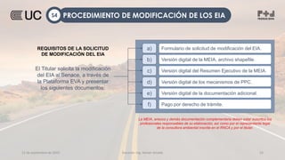 12 de septiembre de 2022 Docente: Ing. Heiner Amado 53
a) Formulario de solicitud de modificación del EIA.
b) Versión digital de la MEIA, archivo shapefile.
c) Versión digital del Resumen Ejecutivo de la MEIA.
d) Versión digital de los mecanismos de PPC.
e) Versión digital de la documentación adicional.
f) Pago por derecho de trámite.
La MEIA, anexos y demás documentación complementaria deben estar suscritos los
profesionales responsables de su elaboración, así como por el representante legal
de la consultora ambiental inscrita en el RNCA y por el titular.
REQUISITOS DE LA SOLICITUD
DE MODIFICACIÓN DEL EIA
El Titular solicita la modificación
del EIA al Senace, a través de
la Plataforma EVA y presentar
los siguientes documentos:
PROCEDIMIENTO DE MODIFICACIÓN DE LOS EIA
S4
 