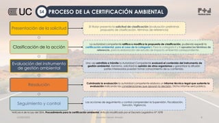 12/09/2022 Docente: Heiner Amado 8
Presentación de la solicitud
Clasificación de la acción
Evaluación del instrumento
de gestión ambiental
Resolución
Seguimiento y control
El titular presenta la solicitud de clasificación (evaluación preliminar,
propuesta de clasificación, términos de referencia)
La autoridad competente ratifica o modifica la propuesta de clasificación, pudiendo expedir la
certificación ambiental, para el caso de la categoría I. Para la categoría II y III aprueba los términos de
referencia, para la elaboración del estudio de impacto ambiental correspondiente.
Culminada la evaluación la autoridad competente elabora un informe técnico-legal que sustente la
evaluación indicando las consideraciones que apoyan la decisión. Dicho informe será público.
Una vez admitida a trámite la Autoridad Competente evaluará el contenido del instrumento de
gestión ambiental. Asimismo, solicitará la opinión de otros organismos y garantizar la difusión
partes interesadas puedan tomar conocimiento de su contenido.
Las acciones de seguimiento y control comprenden la Supervisión, Fiscalización,
Sanción, Vigilancia.
"Artículo 6 de la Ley del SEIA. Procedimiento para la certificación ambiental. Artículo modificado por el Decreto Legislativo Nº 1078
PROCESO DE LA CERTIFICACIÓN AMBIENTAL
S4
 