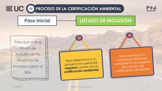 12/09/2022 Docente: Heiner Amado 9
Para qué sirve el
listado de
Inclusión de los
Proyectos de
Inversión sujetos al
SEIA
LISTADO DE INCLUSIÓN
Paso inicial
PROCESO DE LA CERTIFICACIÓN AMBIENTAL
S4
 
