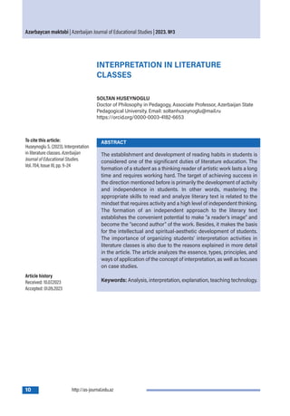 ƏDƏBİYYAT DƏRSLƏRİNDƏ İNTERPRETASİYA / INTERPRETATION IN LITERATURE ...