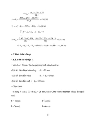 37
1.47,25 .21
94,5
r a
yA
F F
F
 
 
757,64 531,3.47,25 .21
261( )
94,5
3
AY N
 
   
1 757,64 261 496,64( )r AY F Y N       B
1 0kn xA t xBx
F F F F F    
---
1.47,25 .158 1935,57.47,25 265,54.158
523,8 )
94,5 94,5
t kn
xA
F F
F N
 
   
1 1935,57 523,8 265,88 1145,89( )xB t xA knF F F F N       
4.5 Tính thiết kế trục
4.5.1. Tính sơ bộ trục II
+Với d2sb = 30mm. Ta chọn đường kính các đoạn trục:
-Tại tiết diện lắnp bánh răng: d12 =30 mm
-Tại tiết diện lắp ổ lăn: d11 = d13=25mm
-Tại tiết diện lắp xích : d10 =20 mm
+Chọn then:
Tra bảng 9.1a/173 [I] với d11 = 25 mm,và d10=20ta chọn được then có các thông số
sau:
b = 8 (mm b=6(mm)
h =7(mm) h=6(mm)
 