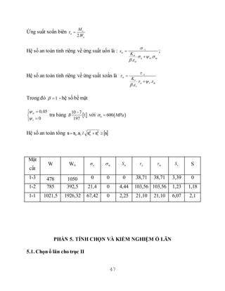 47
Ứng suất xoắn biên
2.
o
a
x
M
W
 
Hệ số an toàn tính riêng về ứng suất uốn là : 1
.
.
a m
s
K




  
 



;
Hệ số an toàn tính riêng về ứng suất xoắn là 1
.
.
a m
K





  
 



Trong đó 1  - hệ số bề mặt
0,05
0







tra bảng  
10 7
1
197
B

với  600b MPa 
Hệ số an toàn tổng  sss/s.ss 22
 
Mặt
cắt
W Wo a m S a m S S
1-3 478 1050 0 0 0 38,71 38,71 3,39 0
1-2 785 392,5 21,4 0 4,44 103,56 103,56 1,23 1,18
1-1 1021,5 1926,32 67,42 0 2,25 21,10 21,10 6,07 2,1
PHẦN 5. TÍNH CHỌN VÀ KIỂM NGHIỆM Ổ LĂN
5.1. Chọn ổ lăn cho trục II
 