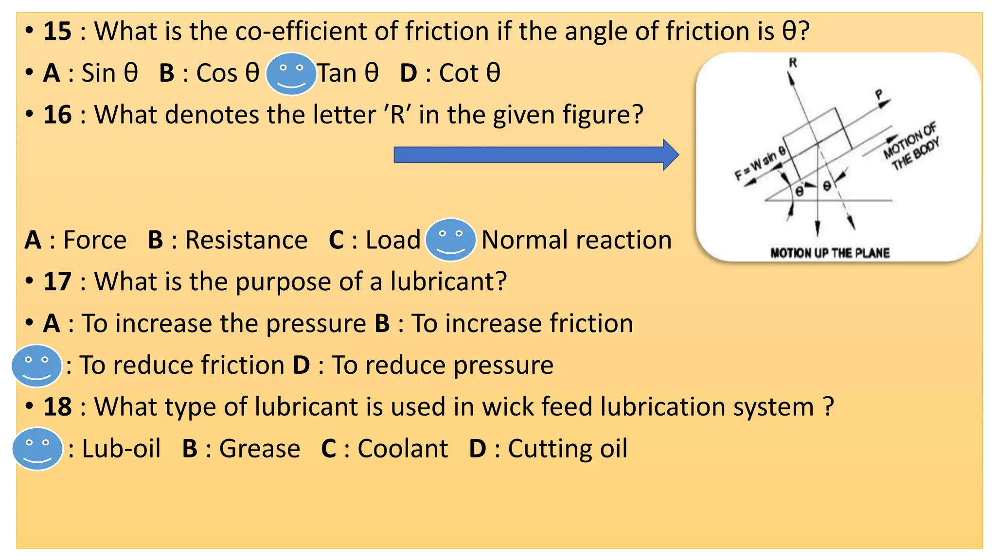 • 15 : What is the co-efficient of friction if the angle of friction is θ?
• A : Sin θ B : Cos θ C : Tan θ D : Cot θ
• 16 : What denotes the letter ʹRʹ in the given figure?
A : Force B : Resistance C : Load D : Normal reaction
• 17 : What is the purpose of a lubricant?
• A : To increase the pressure B : To increase friction
• C : To reduce friction D : To reduce pressure
• 18 : What type of lubricant is used in wick feed lubrication system ?
• A : Lub-oil B : Grease C : Coolant D : Cutting oil
 