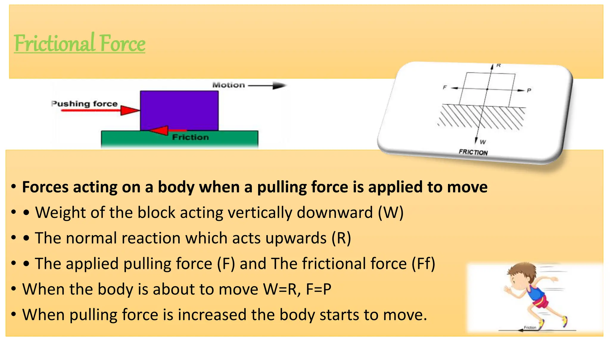 Frictional Force
• Forces acting on a body when a pulling force is applied to move
• • Weight of the block acting vertically downward (W)
• • The normal reaction which acts upwards (R)
• • The applied pulling force (F) and The frictional force (Ff)
• When the body is about to move W=R, F=P
• When pulling force is increased the body starts to move.
 