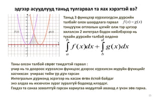 15   эдгээр асуудлууд таньд тулгарвал та яах хэрэгтэй вэ?Таньд 3 функцээр хүрээлэгдсэн дүрсийн талбайг олох шаардлага гарвал                           тэнцүүлж огтлолын цэгийг олж тэр цэгээр хилэлсэн 2 интеграл бодон нийлбэрээр нь тухайн дүрсийн талбай олдоно Таны олсон талбай сөрөг тэмдэгтэй гарвал :учир нь та доороос хүрээлсэн функцээс дээрээс хүрээлсэн муруйн фүнкцийг хасчихсан  учираас тийм үр дүн гарсан Интегралын дүрмэнд эсрэгээр нь хасаж өгөх ёстой байдаг энэ алдаа нь ихэвчлэн зураг зуралгүй бодоход илэрдэг.Гэхдээ та санаа зоволтгүй гарсан хариугаа модултай авахад л үнэн зөв гарна.