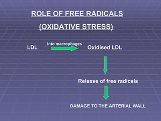 ROLE OF FREE RADICALS (OXIDATIVE STRESS) LDL Oxidised LDL Release of free radicals DAMAGE TO THE ARTERIAL WALL Into macrophages 
