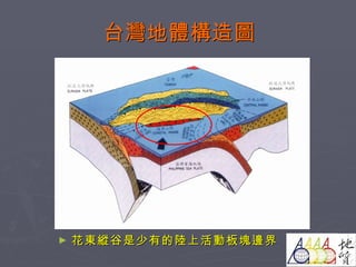 台灣地體構造圖 花東縱谷是少有的陸上活動板塊邊界 