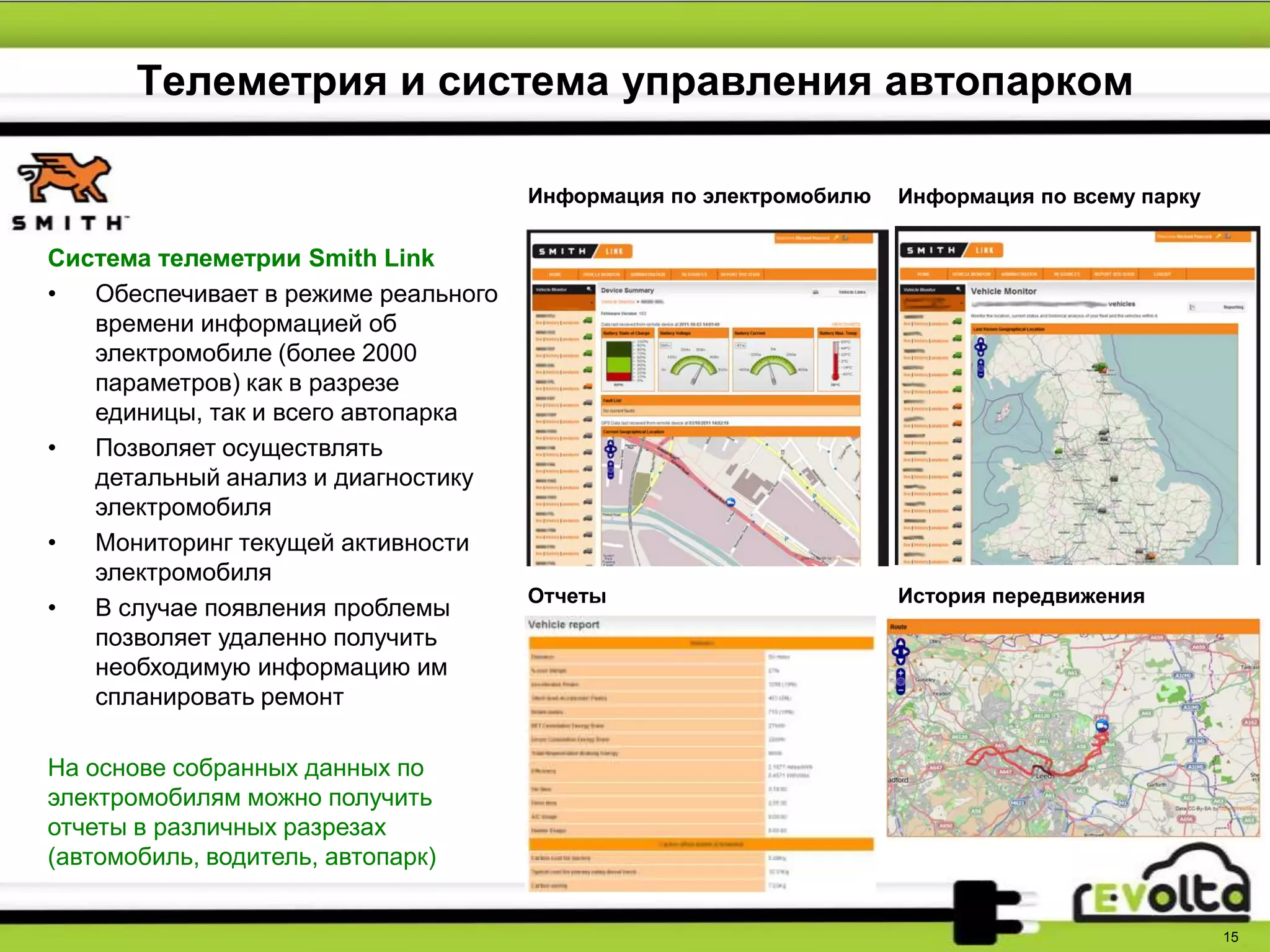 15
Телеметрия и система управления автопарком
Система телеметрии Smith Link
• Обеспечивает в режиме реального
времени информацией об
электромобиле (более 2000
параметров) как в разрезе
единицы, так и всего автопарка
• Позволяет осуществлять
детальный анализ и диагностику
электромобиля
• Мониторинг текущей активности
электромобиля
• В случае появления проблемы
позволяет удаленно получить
необходимую информацию им
спланировать ремонт
На основе собранных данных по
электромобилям можно получить
отчеты в различных разрезах
(автомобиль, водитель, автопарк)
Информация по электромобилю Информация по всему парку
Отчеты История передвижения
 