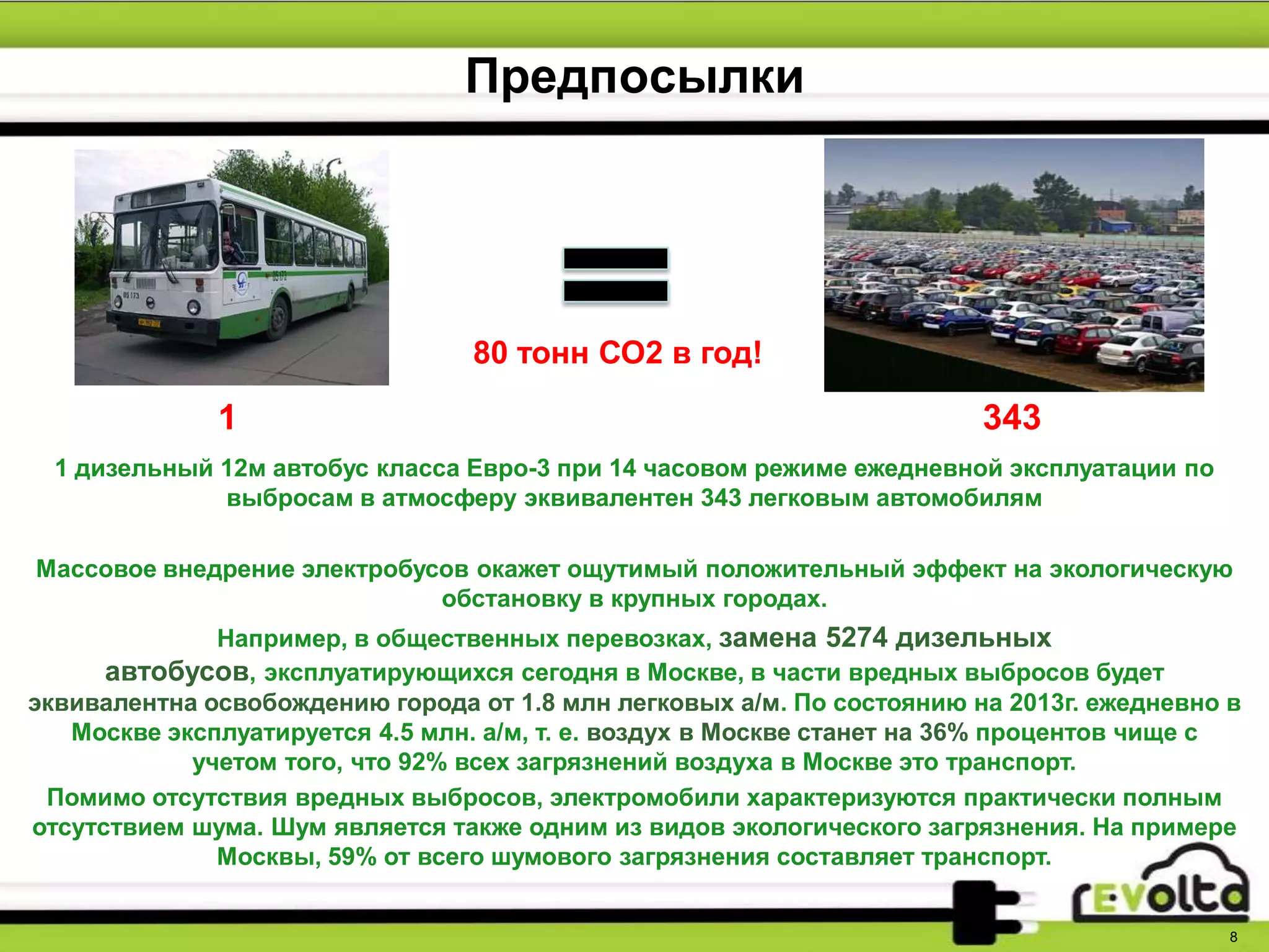 Предпосылки
8
1 дизельный 12м автобус класса Евро-3 при 14 часовом режиме ежедневной эксплуатации по
выбросам в атмосферу эквивалентен 343 легковым автомобилям
Массовое внедрение электробусов окажет ощутимый положительный эффект на экологическую
обстановку в крупных городах.
Например, в общественных перевозках, замена 5274 дизельных
автобусов, эксплуатирующихся сегодня в Москве, в части вредных выбросов будет
эквивалентна освобождению города от 1.8 млн легковых а/м. По состоянию на 2013г. ежедневно в
Москве эксплуатируется 4.5 млн. а/м, т. е. воздух в Москве станет на 36% процентов чище с
учетом того, что 92% всех загрязнений воздуха в Москве это транспорт.
Помимо отсутствия вредных выбросов, электромобили характеризуются практически полным
отсутствием шума. Шум является также одним из видов экологического загрязнения. На примере
Москвы, 59% от всего шумового загрязнения составляет транспорт.
1 343
80 тонн СО2 в год!
 